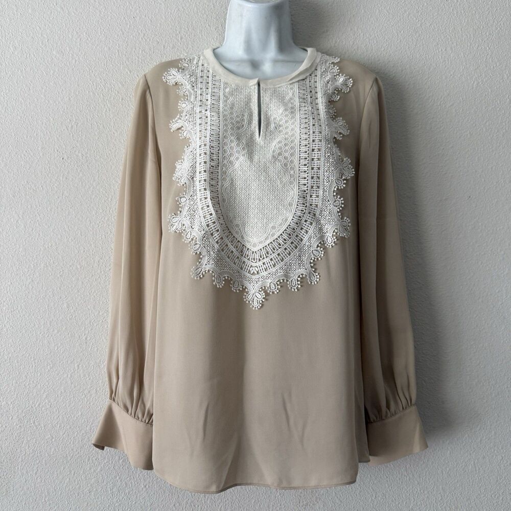Kobi Halperin Women's M Beige Silk Lace Bib Long Sleeve Peasant Tunic Blouse